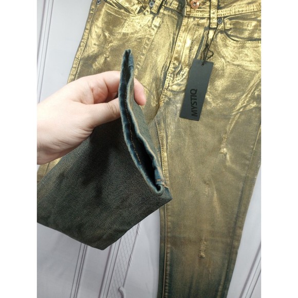 NWT MYSTIQ Womens High Waisted Jeans SZ 3 Unique Gold Spray Paint Look $66 MSRP - Picture 9 of 16